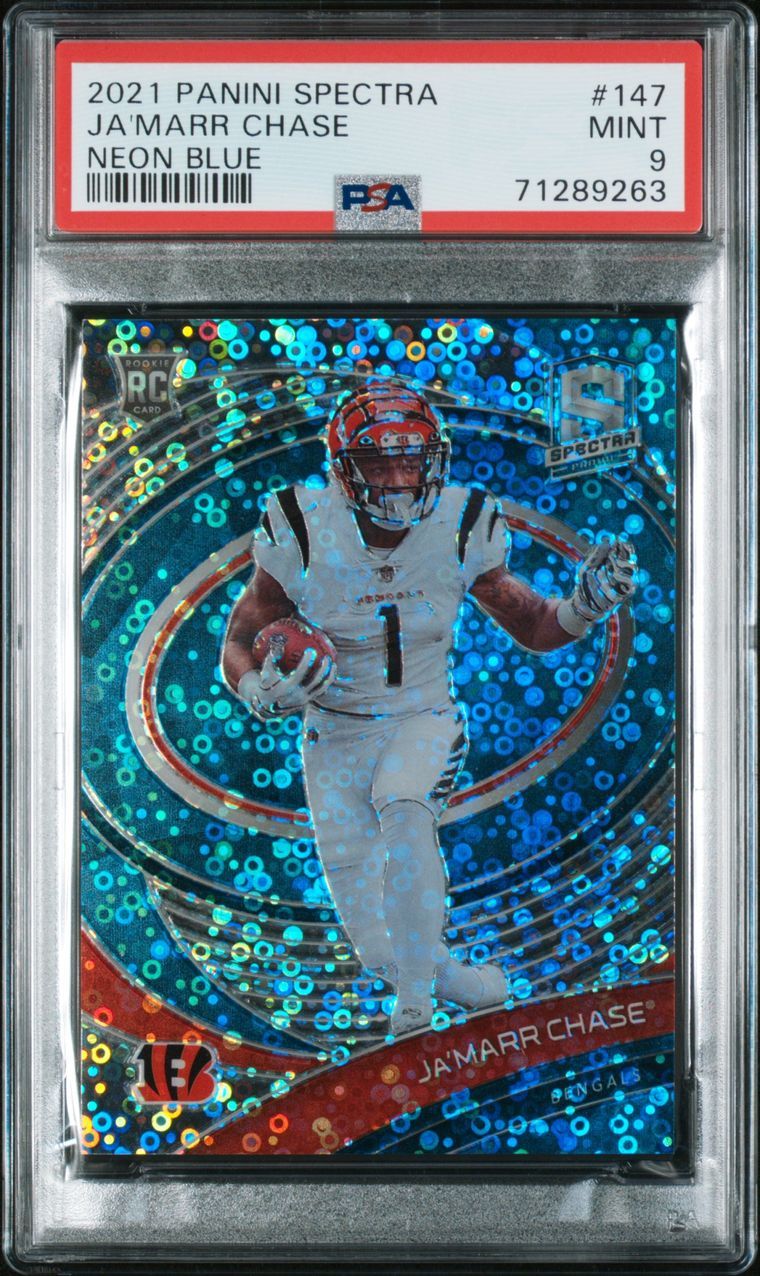 2021 Panini Spectra Neon Blue Prizm Ja'Marr Chase Rookie (52/60) PSA 9